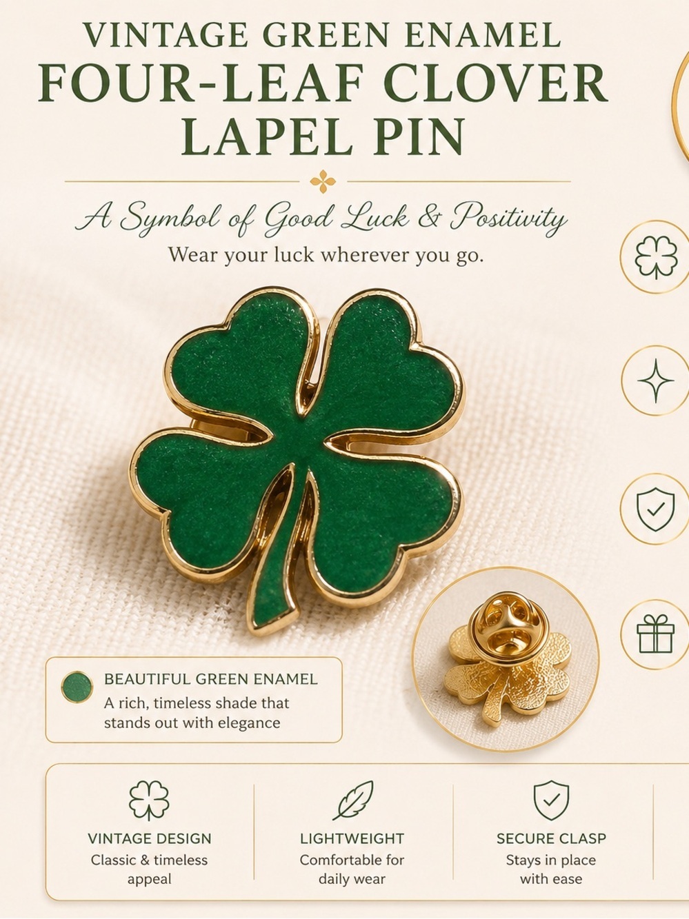 Green Four-Leaf Clover Enamel Pin